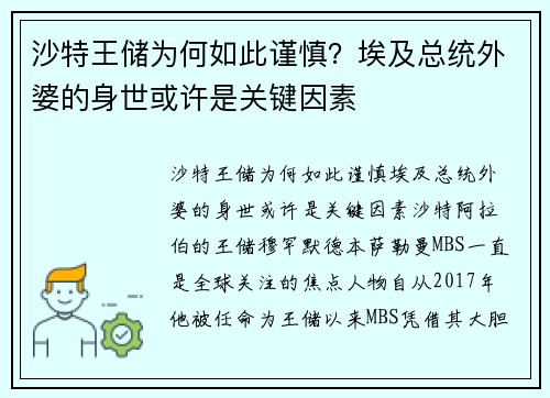 沙特王储为何如此谨慎？埃及总统外婆的身世或许是关键因素