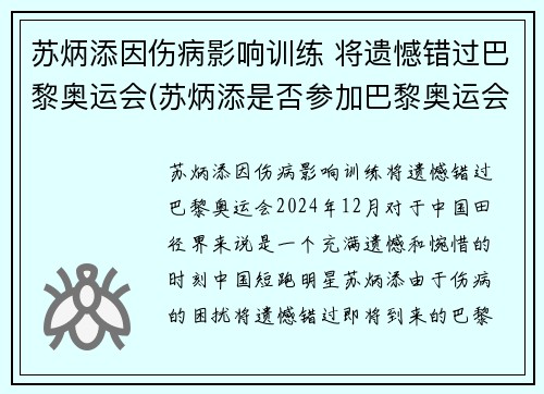 苏炳添因伤病影响训练 将遗憾错过巴黎奥运会(苏炳添是否参加巴黎奥运会)
