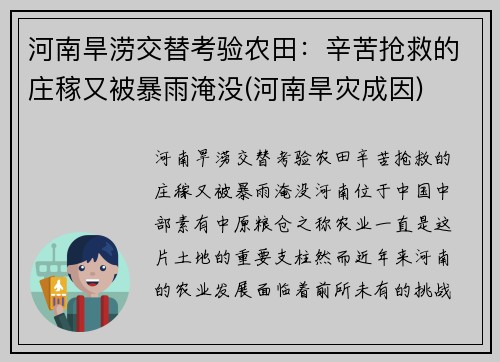 河南旱涝交替考验农田：辛苦抢救的庄稼又被暴雨淹没(河南旱灾成因)
